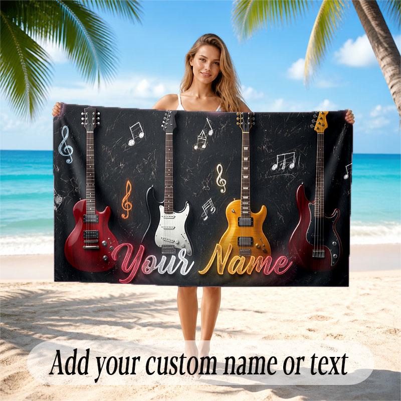 Music Guitar Theme Beach Towel Personalized Custom Name & Text Soft Quick Dry Beach Towel for Swimming Travel