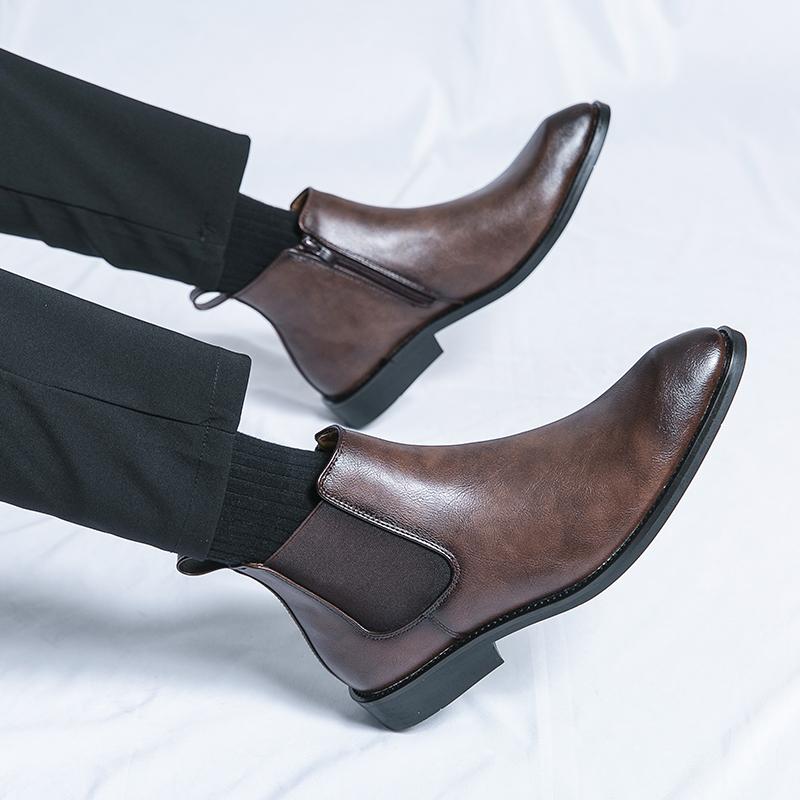 Fashion Brand Men Side Zipper Business Chelsea Shoes Casual Leather Outdoor Motorcycle Boots Fashion Handmade Flat Designer Ankle Boots