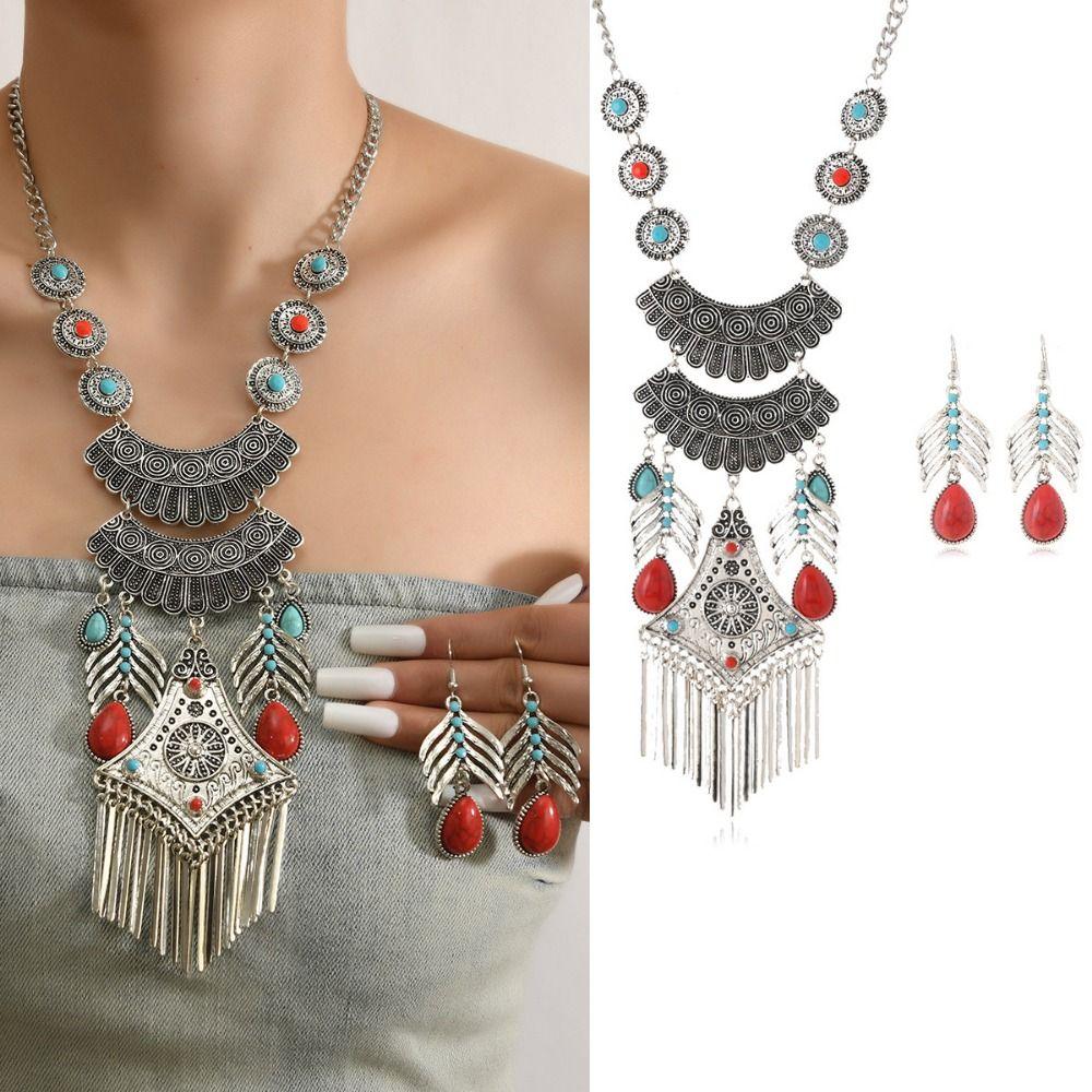 Exaggerated Ethnic Style Jewelry Set Imitation Turquoise Neck Jewelry  Women