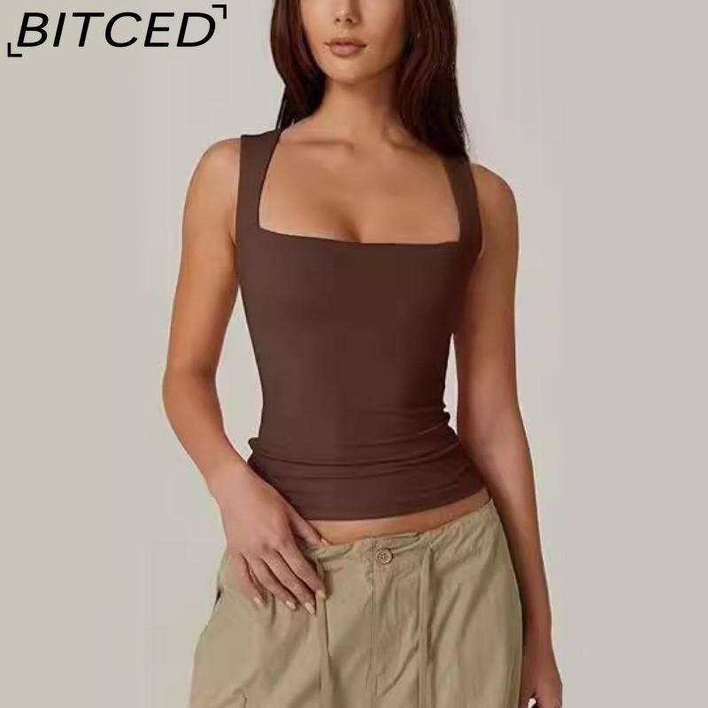 BITCED Women's Summer Square Neck Sleeveless Double-Layer Tank Top Basic Fitted T-Shirt