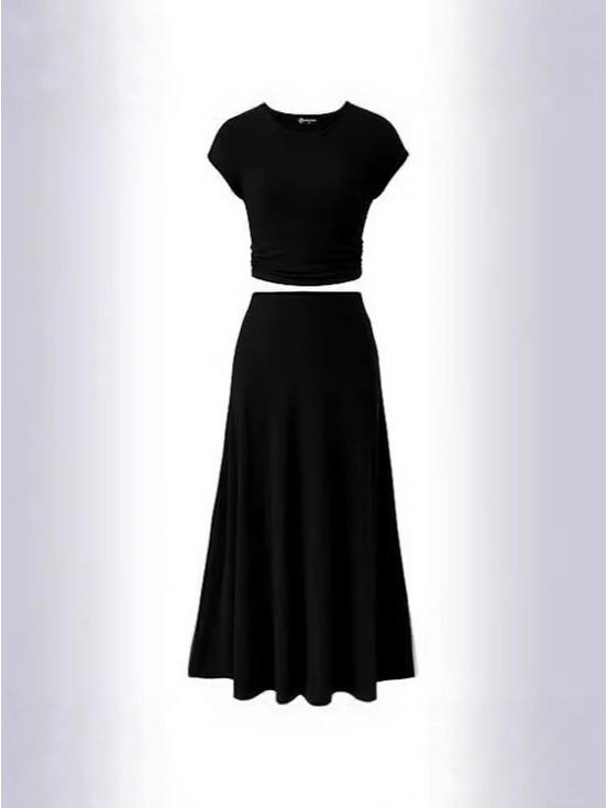 2025 Summer European-American Casual Knit Crop Top & High Waist Midi Skirt Set