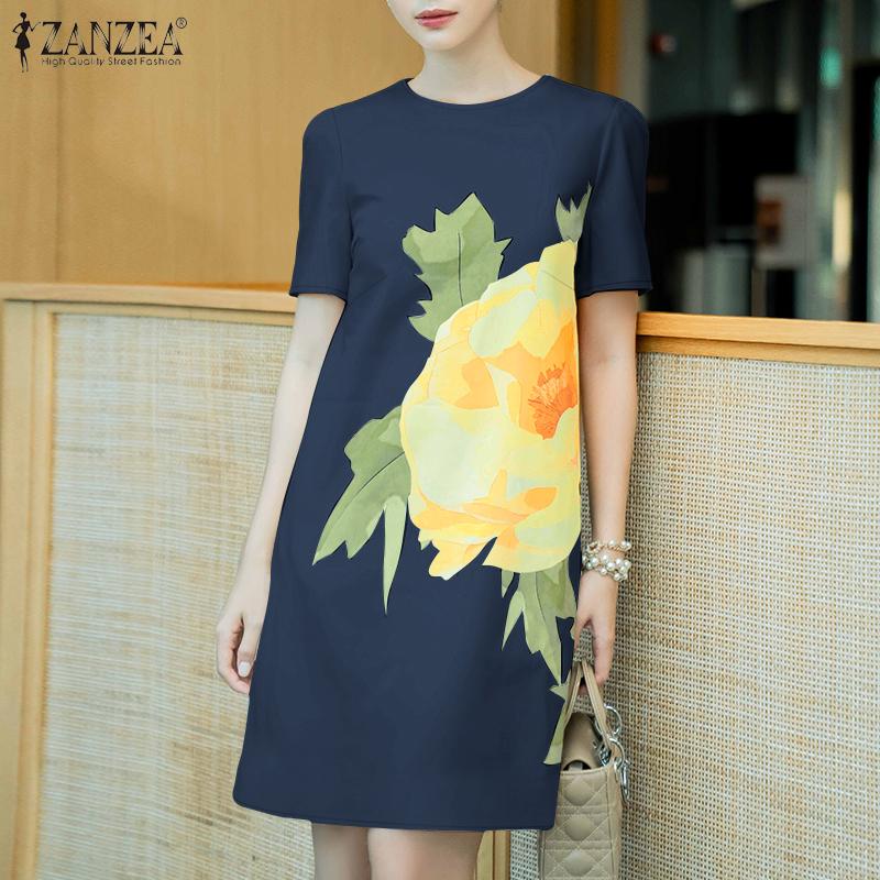 ZANZEA Vestido casual de manga corta con estampado floral y cuello redondo para mujer