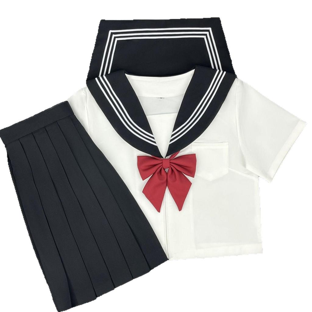 Japanese Academy-Style Sailor Suit: Black Collar, White Stripes, Mid-Length JK Uniform Costume Set