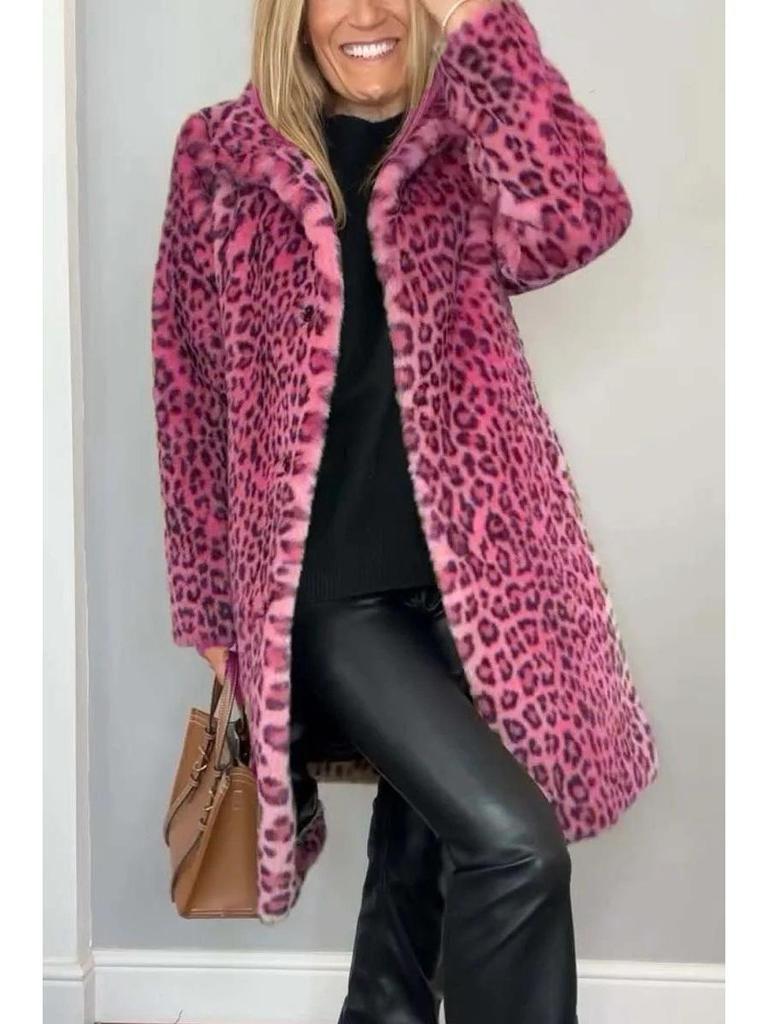 2024 Winter Women's Fashion Leopard Print Faux Fur Coat with Lapel 