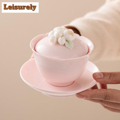 High End Pfirsichpulver Gaiwan Handgefertigt Kneifblume Zen Tee Tureen Haushalt Teezubereitung Deckelschale Teegeschirr Zubehör Ornamente