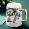480ml Ceramic Coffee Mug With Luxury Gold Handle Pastoral Style Gold Flower Bird Magpie Birthday Gift Mugs