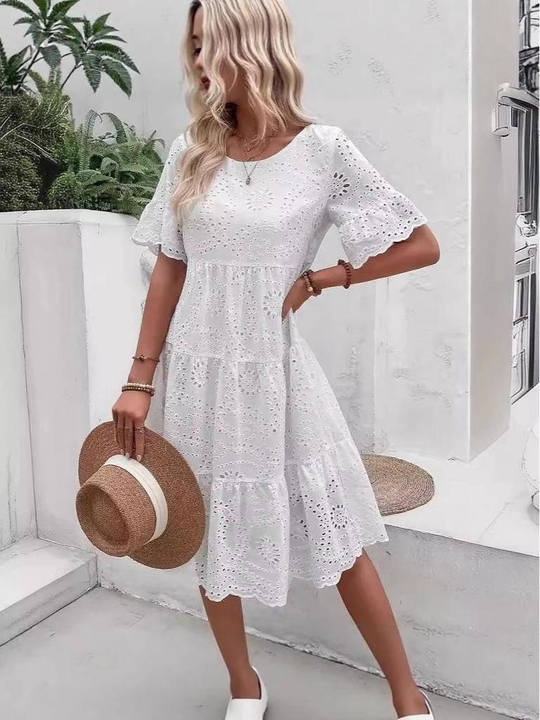 European Fashion 2025: Solid Color Cotton Embroidered Lace Dress