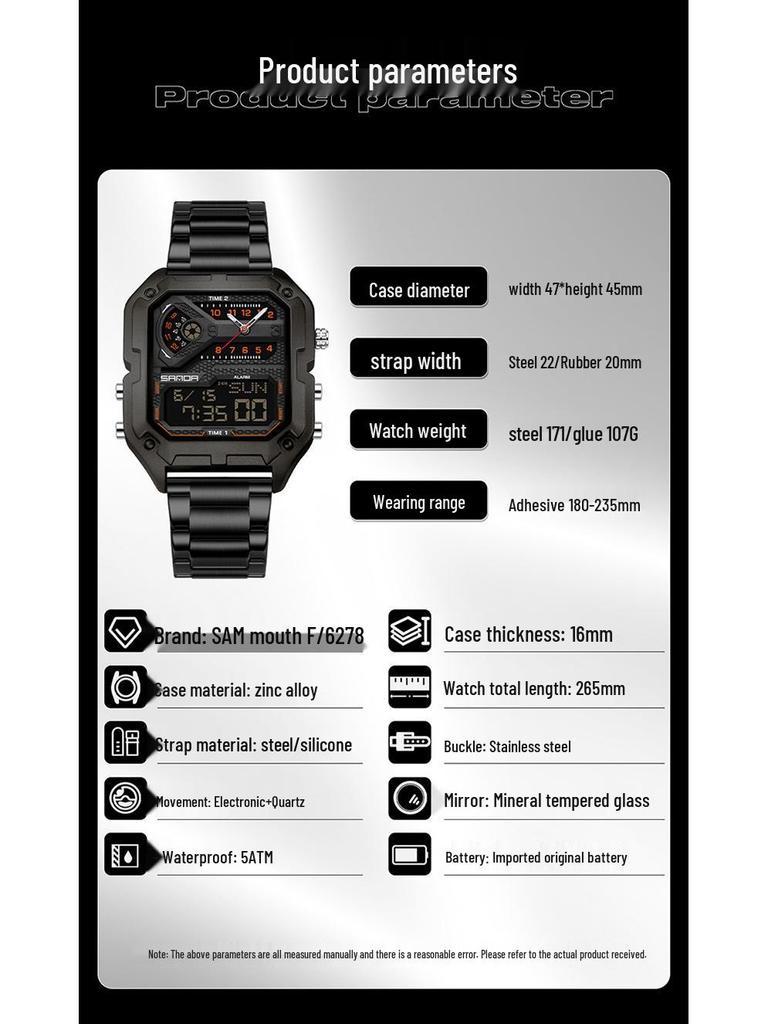 Sanda Multifunctional Men's Luminous Sport Watch with Triple Time Zone