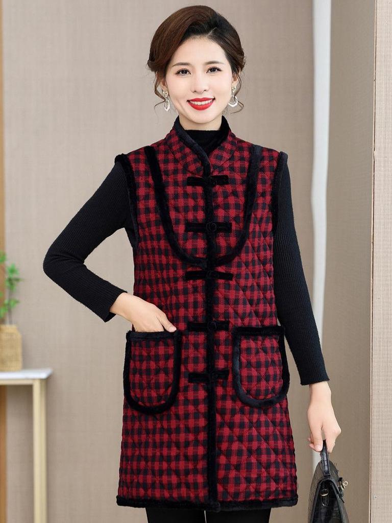 Ethnic-Style Autumn/Winter Velvet Mid-Length Tang Suit Vest for Middle-Aged and Elderly Women