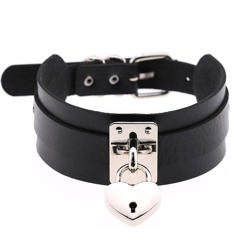 Heart Choker Necklace For Women lock Collar Leather Chockers Goth Punk Jewelry
