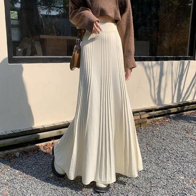 Autumn Winter Long Skirt French Midi Skirt Korean High Waist A-Line Elegant Versatile Pleated Skirt Full Flare