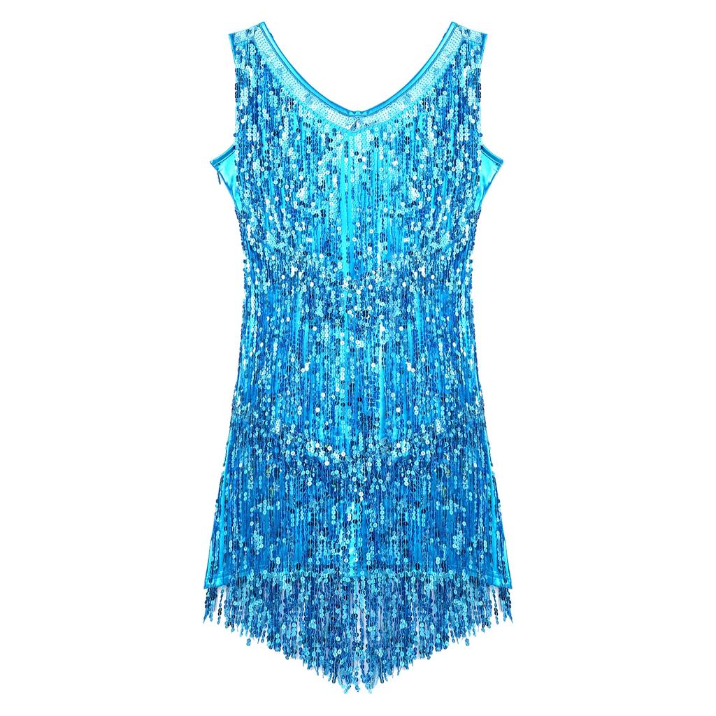 Women Latin Dress Shiny Sequin Sleeveless Tassels Fringed Dress Tango Samba Rumba Ballroom Salsa Jazz Dance Performance Costume