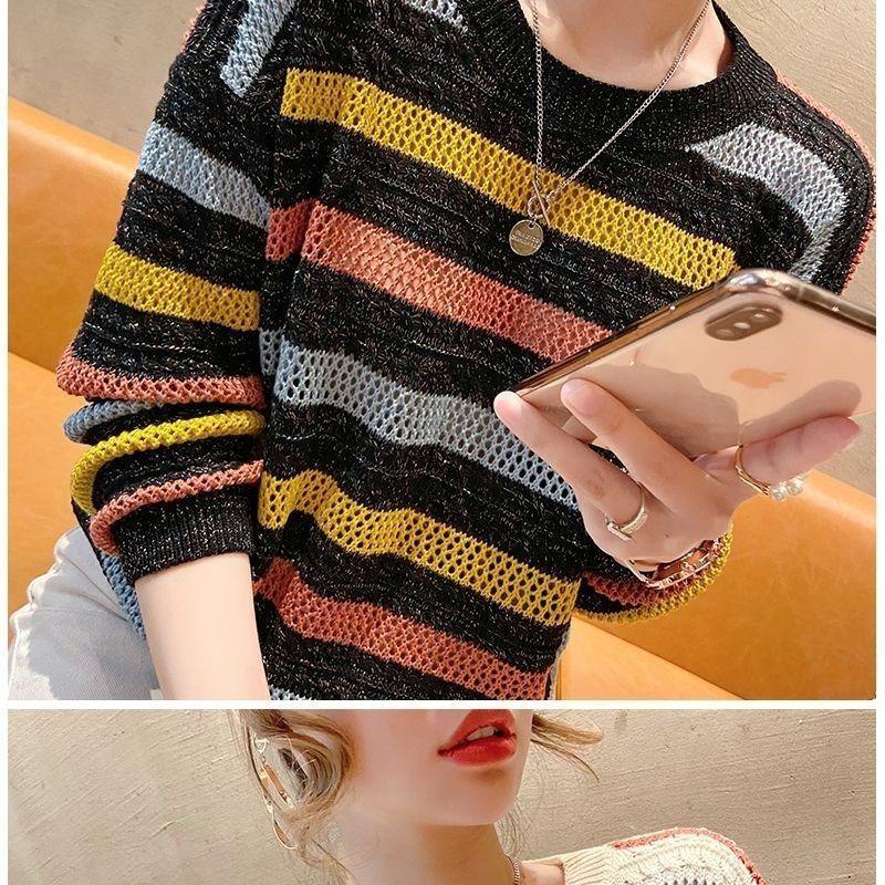 Maglione da Donna Largo Moda Coreana Lavorato a Maglia Autunno Primavera Pullover a Righe Traforato Streetwear Girocollo Abbigliamento Femminile