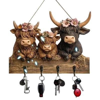 Farmhouse 2D Flat Highland Cattle Ornaments 4 Hooks Black Cow Key Holder Wall Mount Wooden Material Coat Hanger Hallway