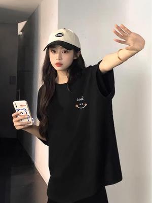 Damen 2026 Sommer Schwarz Baumwolle Locker Kurzarm T-Shirt, Große Größen, Mittellang