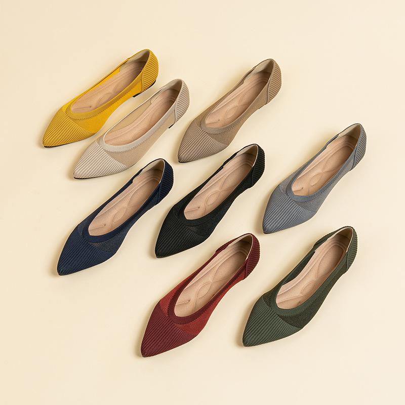 Pointed Toe Shallow Mouth Fabric Flat Bottom Women's Solid Knitted Soft Bottom Large Shoes Size 34-43