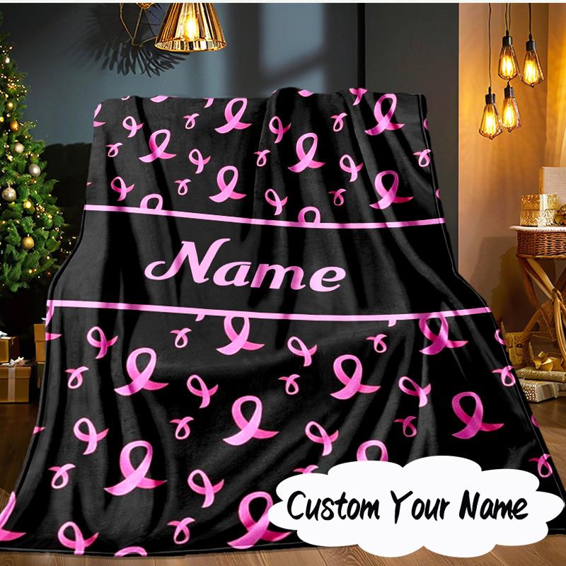 Custom Name Pink Ribbon Courage Blanket Ideal Bedding Blanket Perfect for Travel, Camping, Living Rooms, Offices, Sofas, Fan Christmas gift