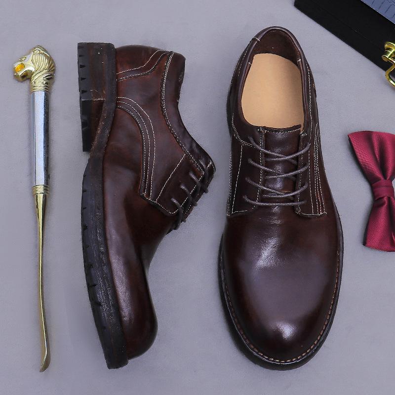

Деловое платье из лошадиной кожи, мужские кожаные туфли Goodyear, тренд, подошва из коровьей кожи, дышащие, ретро, ручная работа, свадебные туфли 45 темно-коричневого