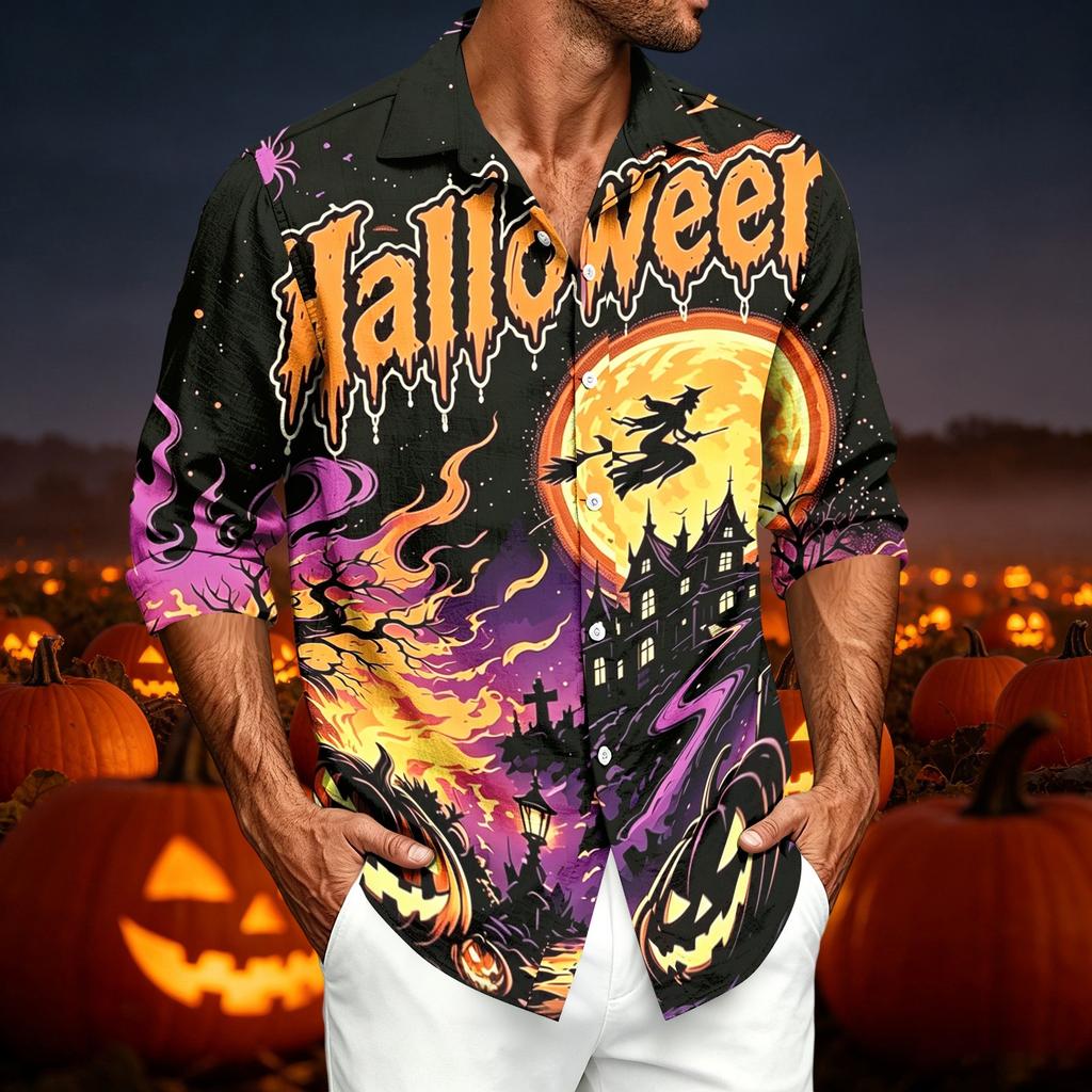 Men's Casual Long Sleeve Shirt with Halloween Print for Spring Fall
