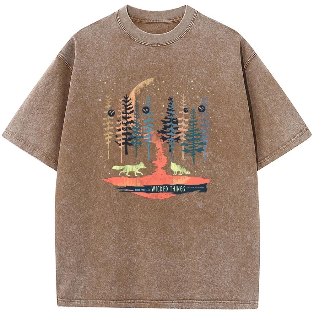 Camiseta Unisex Lavada Floresta Novidade Algodão Verão Gola O Descolorida Camiseta Engraçada Casual Solta Bleach Tops Tee