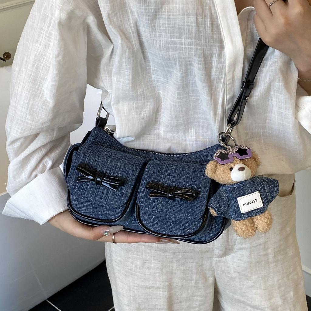 Fashion trend underarm bag women's 2025 new retro denim double pocket Boston bag shoulder messenger bag tide