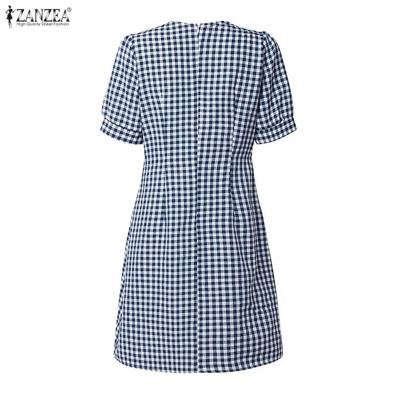 ZANZEA Women Bows Collar Summer Casual Short Sleeve Grid Print Dress