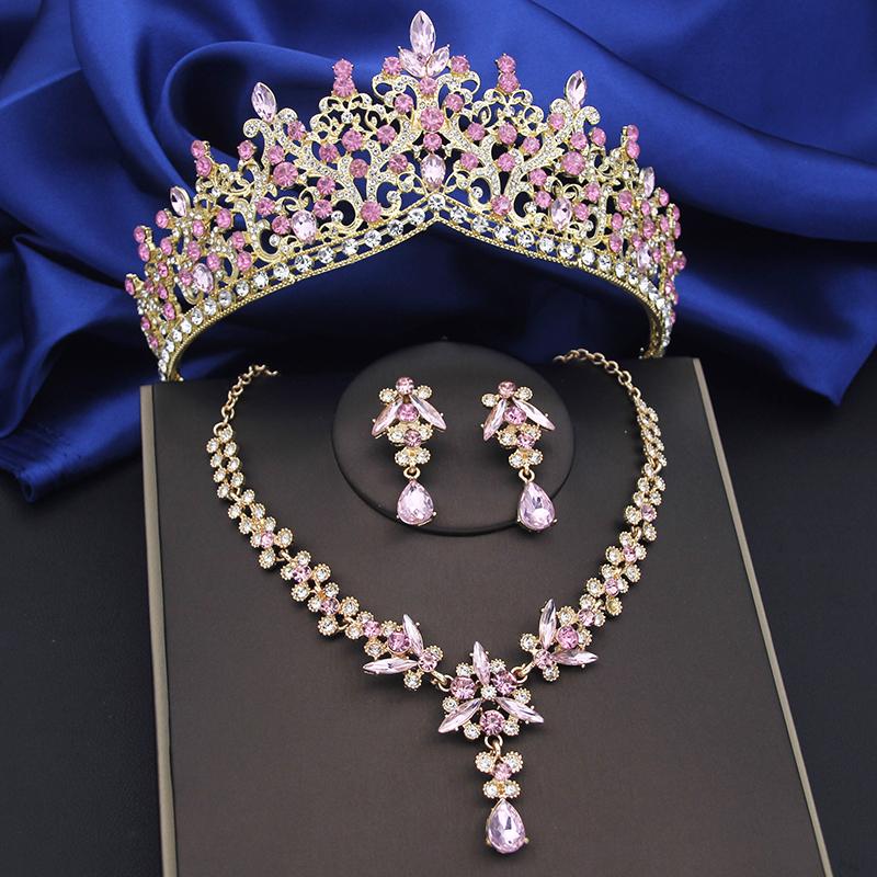 Purple Crystal Bridal Jewelry Sets Women Tiaras Bride Necklace Earrings for Wedding Crown Jewelry Set Prom