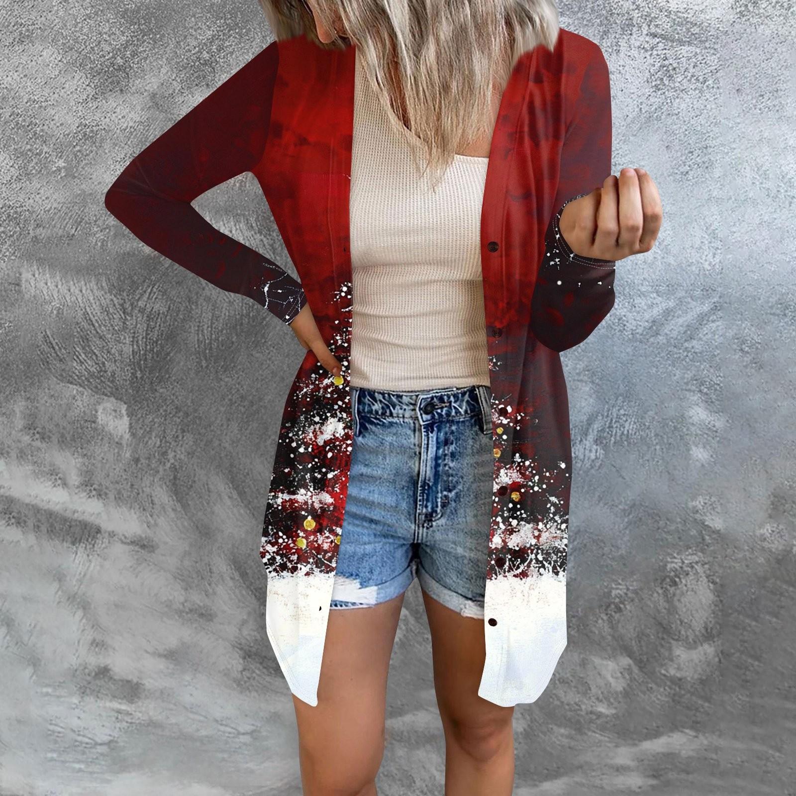 

Женская модная повседневная куртка с длинными рукавами и принтом средней длины, кардиган на пуговицах, пальто S винный