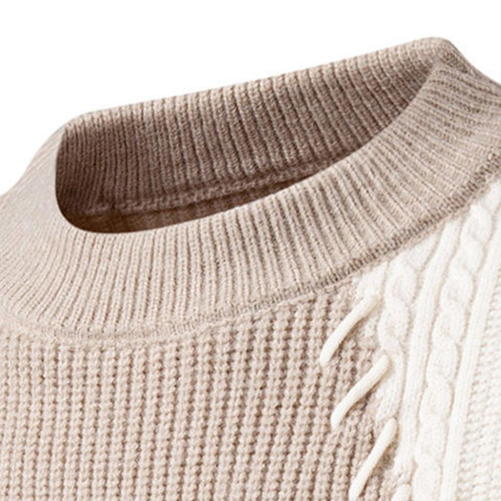 Pánský svetr s kulatým výstřihem a prošíváním, ležérní, upravený, hřejivý svetr pulovr