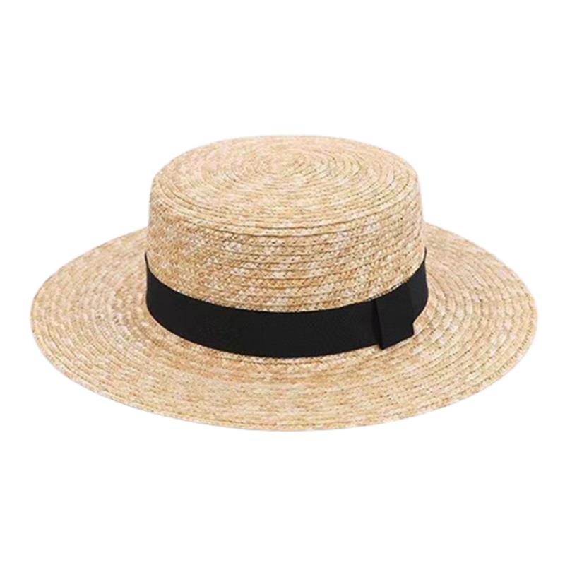 Sommer Unisex Handgefertigt Natürliches Weizenstroh Damen Sonnenhut mit Schleife Breiter Rand Flacher Oberteil Hüte Herren Strand Einfarbige Kappen Sonnenschutz A1