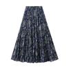 Qooth Elegant Women A Line Pleated Flower Skirt Midi Length Elastic Waist Casual Skirt QT2753