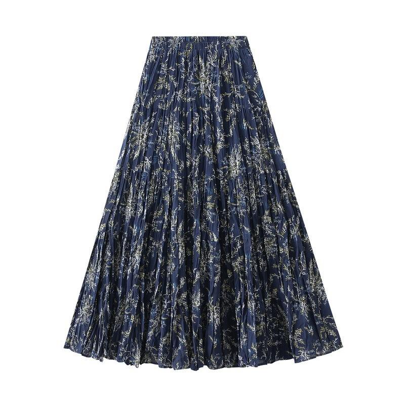 Qooth Elegant Women A Line Pleated Flower Skirt Midi Length Elastic Waist Casual Skirt QT2753