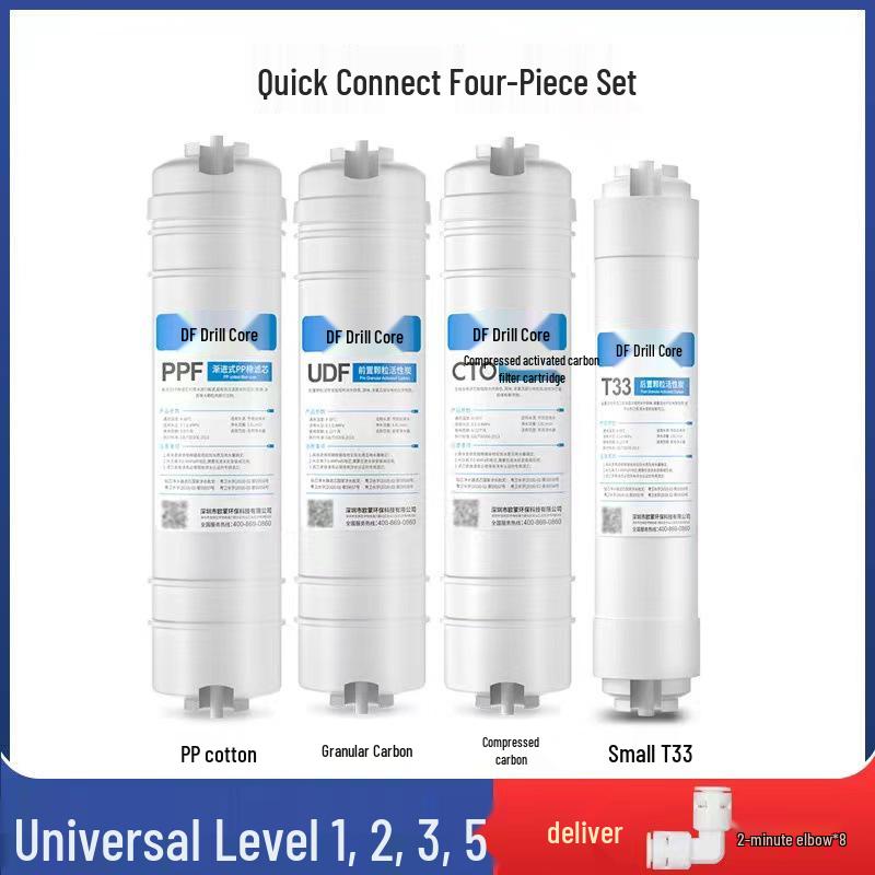 10-tommers femtrinns vannrenserfiltersett: Hurtigkobling PP Bomull, Granulert Karbon, Skalahemmer, Komprimert Karbon og RO-membran