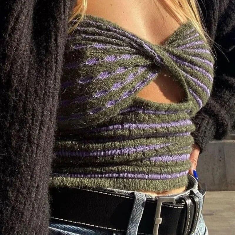 Fashion Hollow Out Striped Knitted Tank Tops Women Summer Vacation Strapless Sexy Crop Tops Y2K Slim Fit Knitears Tanks 30570
