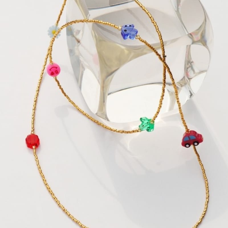 BONBEAU Unique and Fun Charms Gold Beads Long Necklace Color Motif Charm Gold Bead Long Necklace Kitsch Necklace