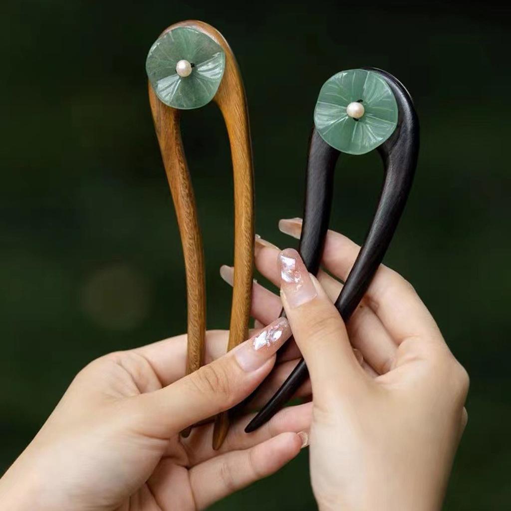 U Shape Simple Women's Hairpin New Chinese Style Jade Lotus Leaf Wooden Hair Stick Elegant Vintage Hanfu Hair Accessories