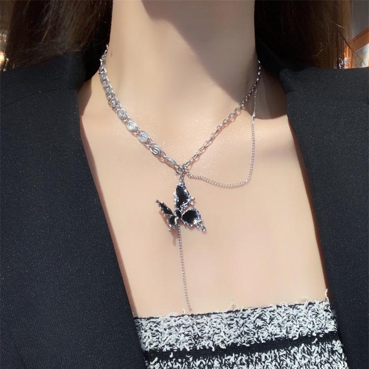 Black butterfly zircon necklace women's new neutral cold wind neck chain collarbone chain sweater chain with accessories