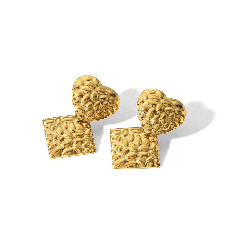 Titanium Steel Square Heart Hammered Textured Stud Earrings, Non-fading, Premium, Versatile, 18K Gold Stainless Steel Earrings