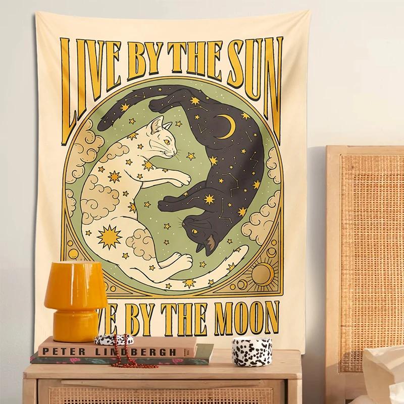 Sun Moon Cat Tapestry Wall Hanging Tarot Retro Black White Cat Psychedelic Love Star for Living Room Home Dorm Decor Cloth Gift