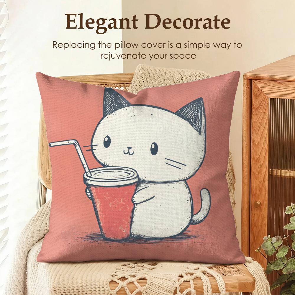 Cat Drink Coffee Cute Funny Cushion Cover Natural Linen Organic Fabric DoubleSided Printing Sofa Home Decor Gift Pillow Case