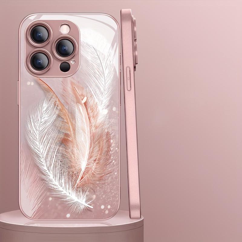 

Stylish Dreamy Feather Pattern Pink Metallic Glass Phone Case For iPhone 11 12 13 14 15 16 17 Pro Max 15 Plus 17 Air 16E Cover iPhone17 Pro Max