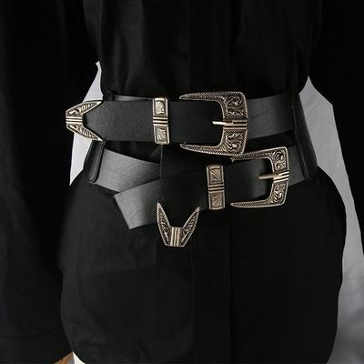 Metal Engraved Double-Ended Buckle Decorative Wide Belt With Jumpsuit Long Skirt Shirt Women'S Elastic And Thin Waist Seal