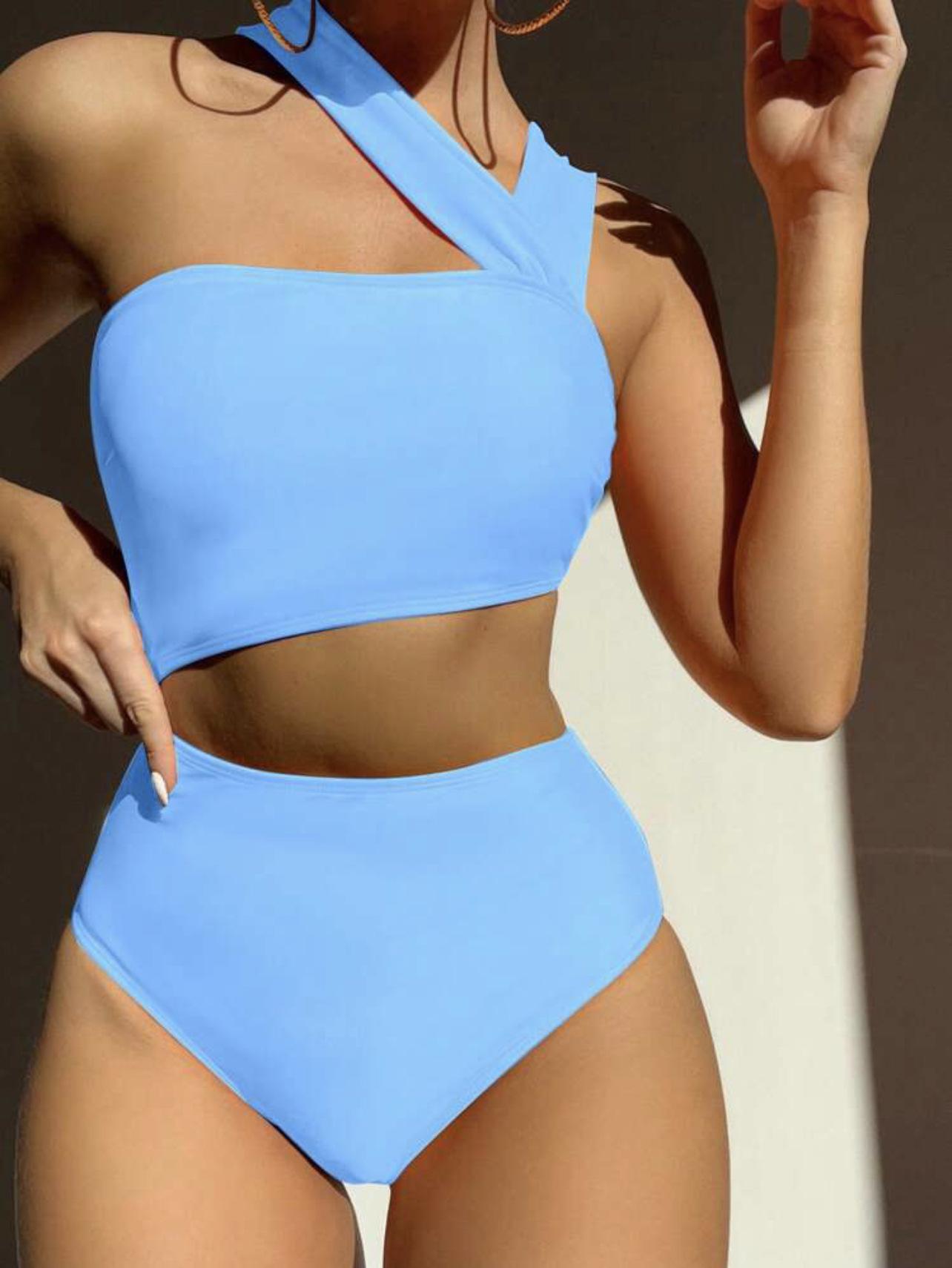 European and American sexy one-shoulder strapless hollow solid color one-piece swimsuit bikini bijini XL небесно-голубой