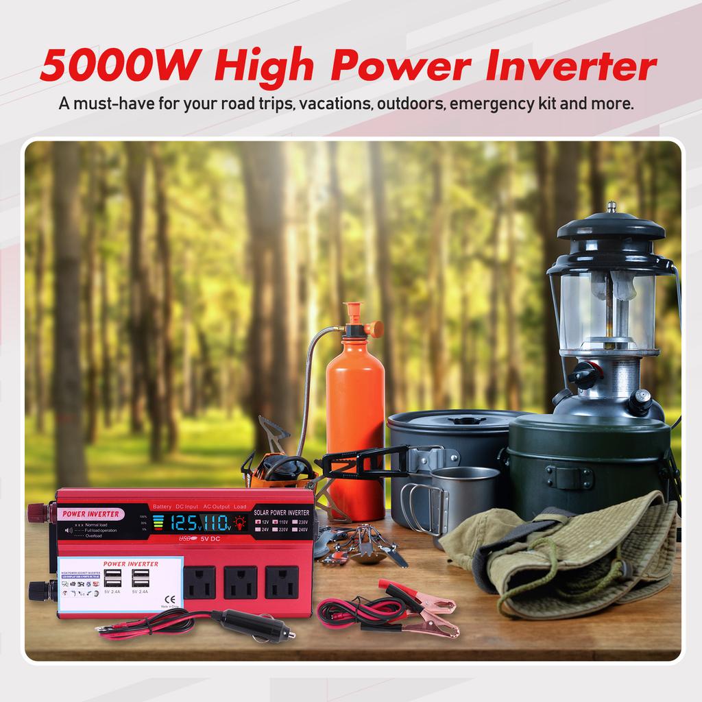 5000W Car Power Inverter Pure Sine Wave DC 12V To AC 110V Converter LCD Screen Display Portable Household