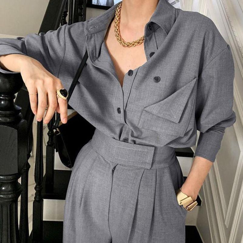 Women's 2025 Fashion Long Sleeve Shirt & High Waist Wide Leg Pants Two-Piece Suit