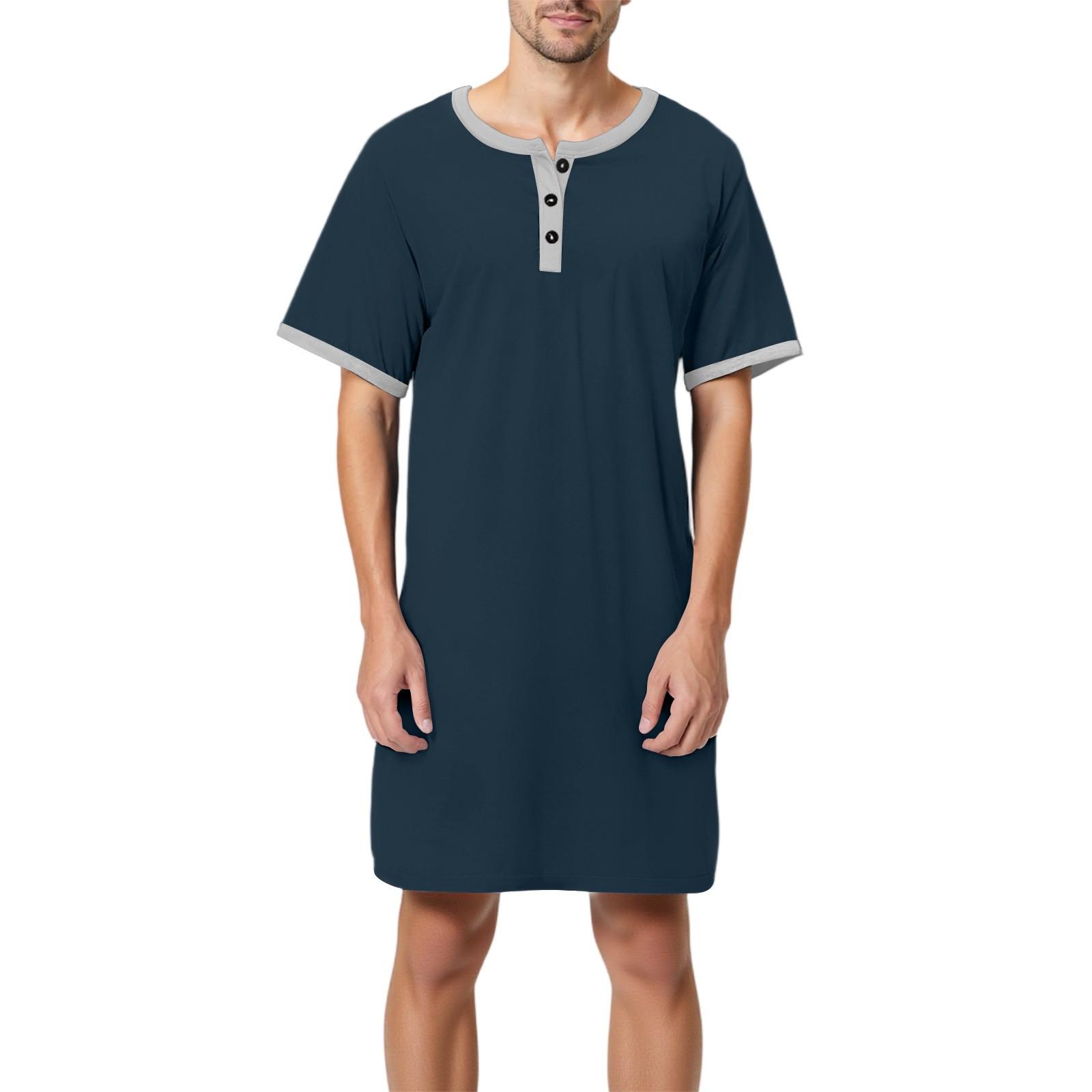 Mianduijifengba Heren effen katoenen pyjama met korte mouwen, overhemdkraag, lange losse pyjama, huiskleding XXL Vloot