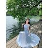 This year's popular beautiful mesh yarn one-word shoulder smudge dress, waist and thin temperament vacation super fairy fishtail skirt