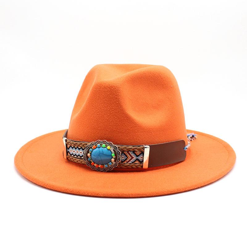 Ethnic Style Flat-Brimmed Big-Eave Hat Straight-Brimmed Jazz Hat Woolen Top Hat