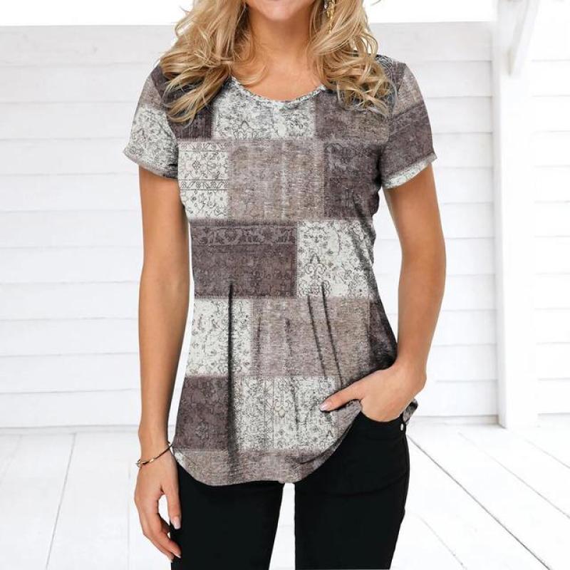 Vintage Damen T-Shirt Sommer Kurzarm Top T-Shirt Bunte Patchwork Kleidung O-Ausschnitt Übergroße Bekleidung Täglich für Damen T-Shirt