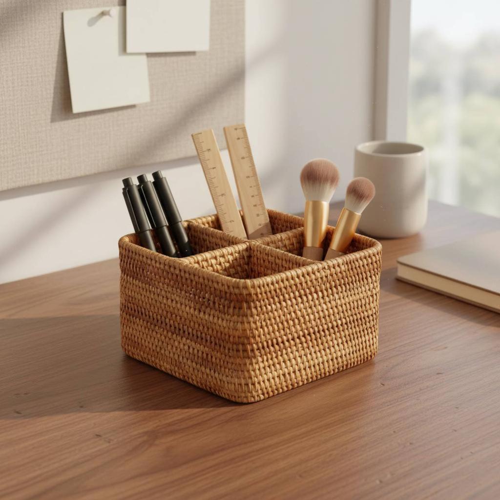 4 Compartment Organizer With Dividers Woven Rattan Container Divided Storage Container Portable Wicker Utensil Carrier